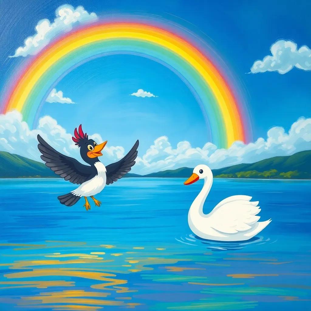 A picturesque lake with a blue sky and a rainbow, Koko the bird and Zahra the swan flying towards the rainbow, joyful expressions, serene water, cartoon style, warm colors, high quality