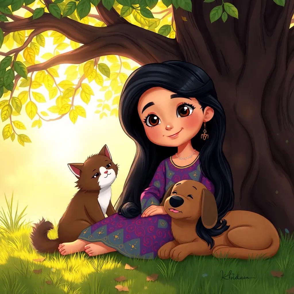 Kinda, a young Arab girl with long black hair in a colorful dress, sitting under a large tree with her cat Lulu, a fluffy little creature, and her dog Dusty, resting happily, warm sunlight filtering through leaves, peaceful and friendly, detailed digital illustration, heartwarming scene.