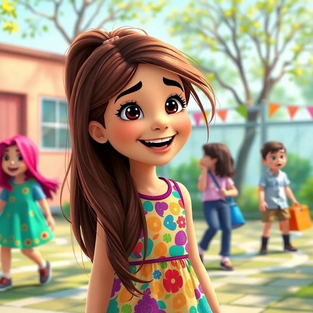 A young Arab girl, Lauren, with long, brown hair, wearing a colorful dress, playing in a schoolyard with friends, surrounded by laughter and joy, digital art, cheerful atmosphere, bright colors, high quality
