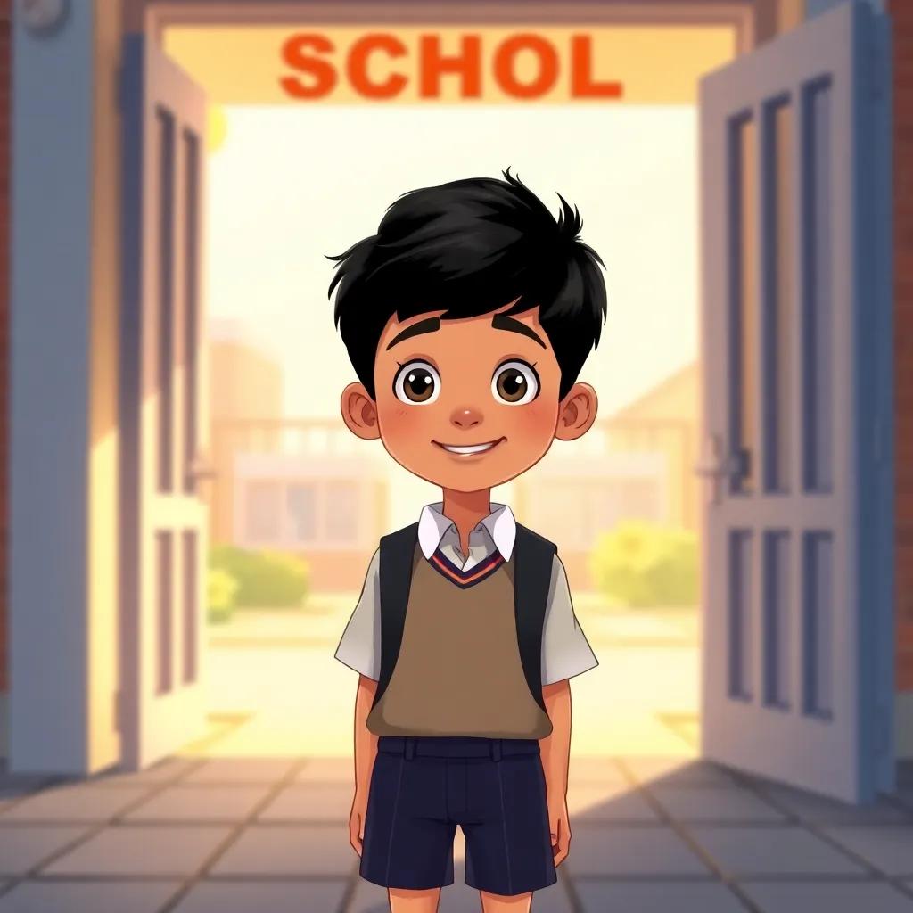 A young Arab boy, Kevin, with short, black hair, wearing a school uniform, standing with Lauren at the school gate, looking excited and thankful, illustration, warm light, friendly environment, child-friendly