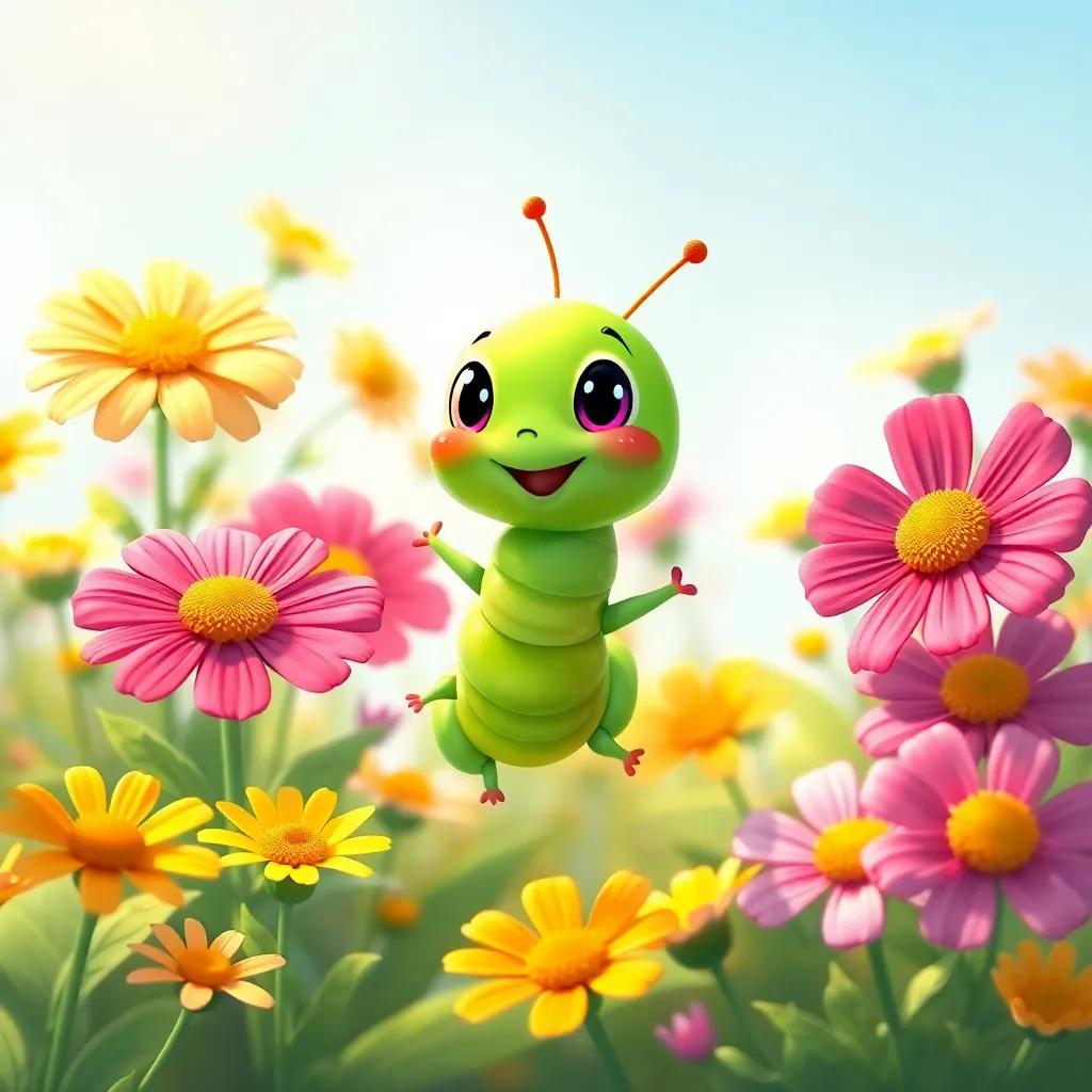 A small caterpillar, Lolo, with bright green skin and tiny legs, happily jumping between vibrant flowers in a sunny garden, illustration, cheerful, colorful, child-friendly, warm light, detailed