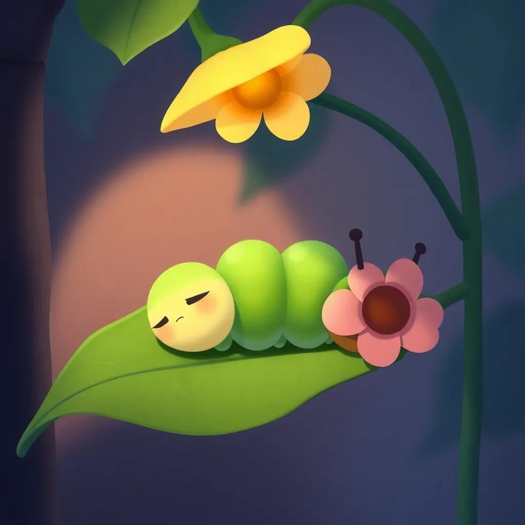 Lolo the caterpillar, now plump and resting on a big leaf, looking tired under the shade of a flower, snug atmosphere, illustration, peaceful, soft colors, child-friendly