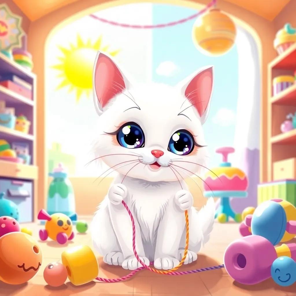 A small white cat named Lulu with big sparkling eyes, playing with colorful strings in a bright, sunny room filled with toys, cheerful atmosphere, digital art, vibrant colors, child-friendly, high quality
