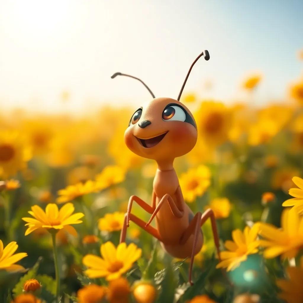 A small ant, Lolo, with bright eyes and a cheerful expression, sitting in a sunny flower field, looking up at the sky with a curious gaze, digital art, colorful, cheerful atmosphere, warm sunlight, high quality