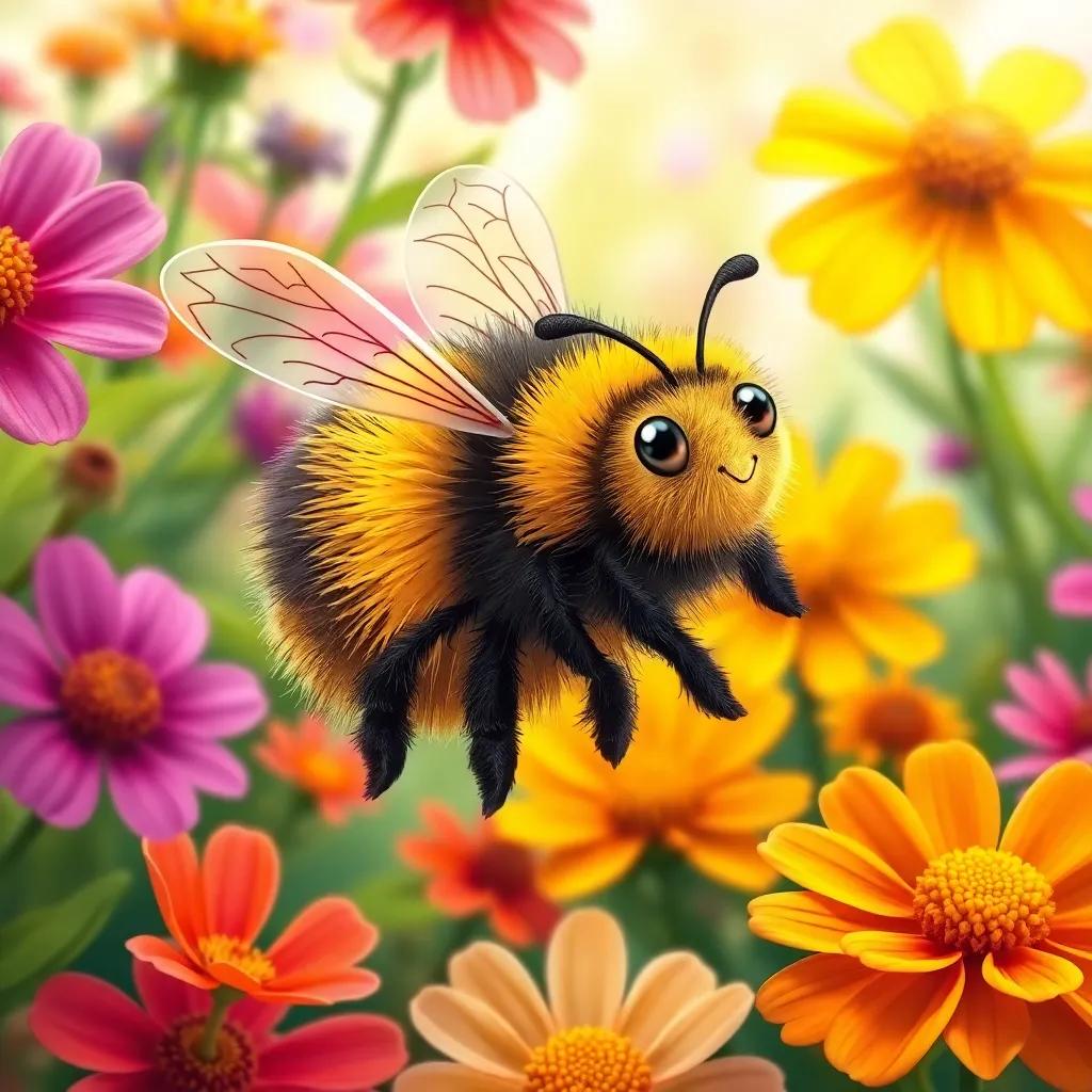 A busy bee, Nona, with fuzzy yellow and black stripes, flying joyfully among vibrant flowers, gathering nectar, surrounded by bright colors and lush greenery, illustration, lively, child-friendly, magical ambiance, detailed