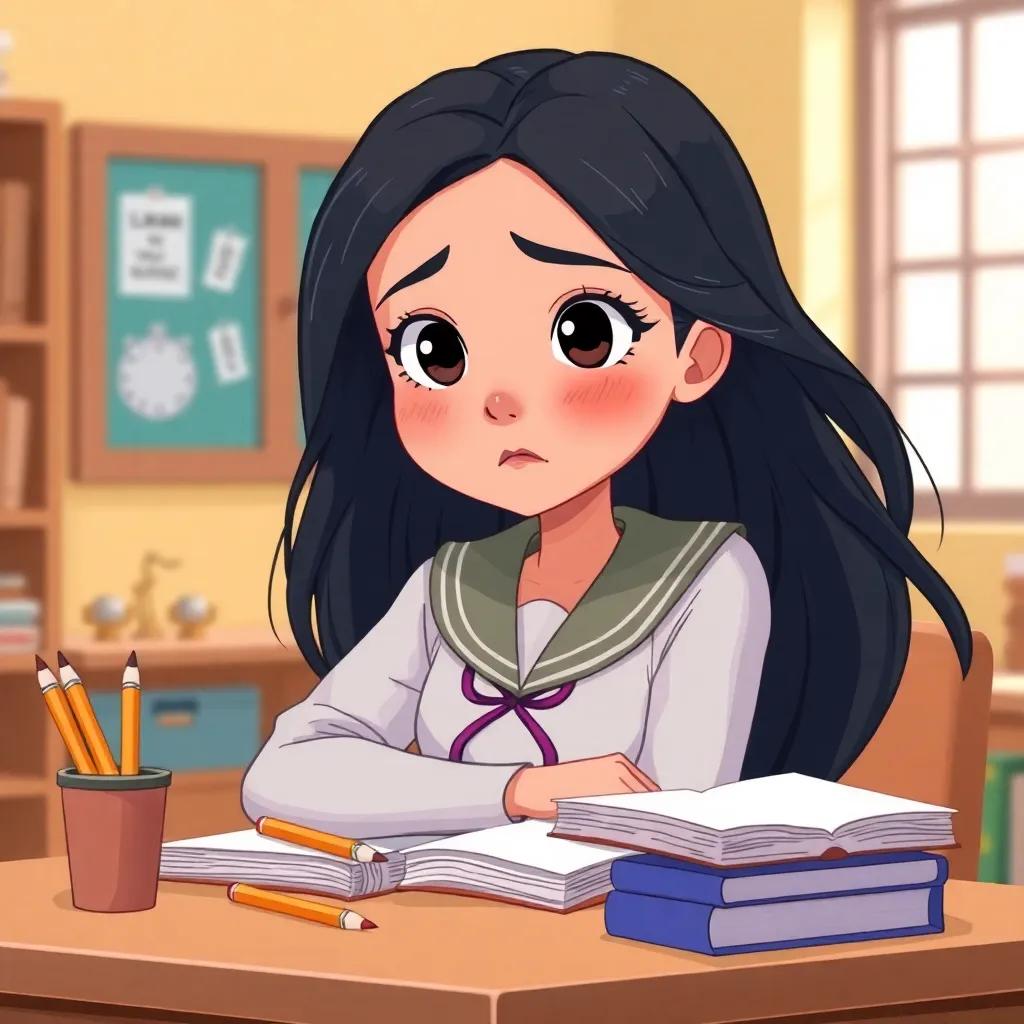A beautiful, polite Arab girl, Layan, with long black hair wearing a school uniform, sitting at her desk with books and pencils, looking sad and thoughtful, illustration, warm colors, inviting atmosphere, child-friendly, high quality