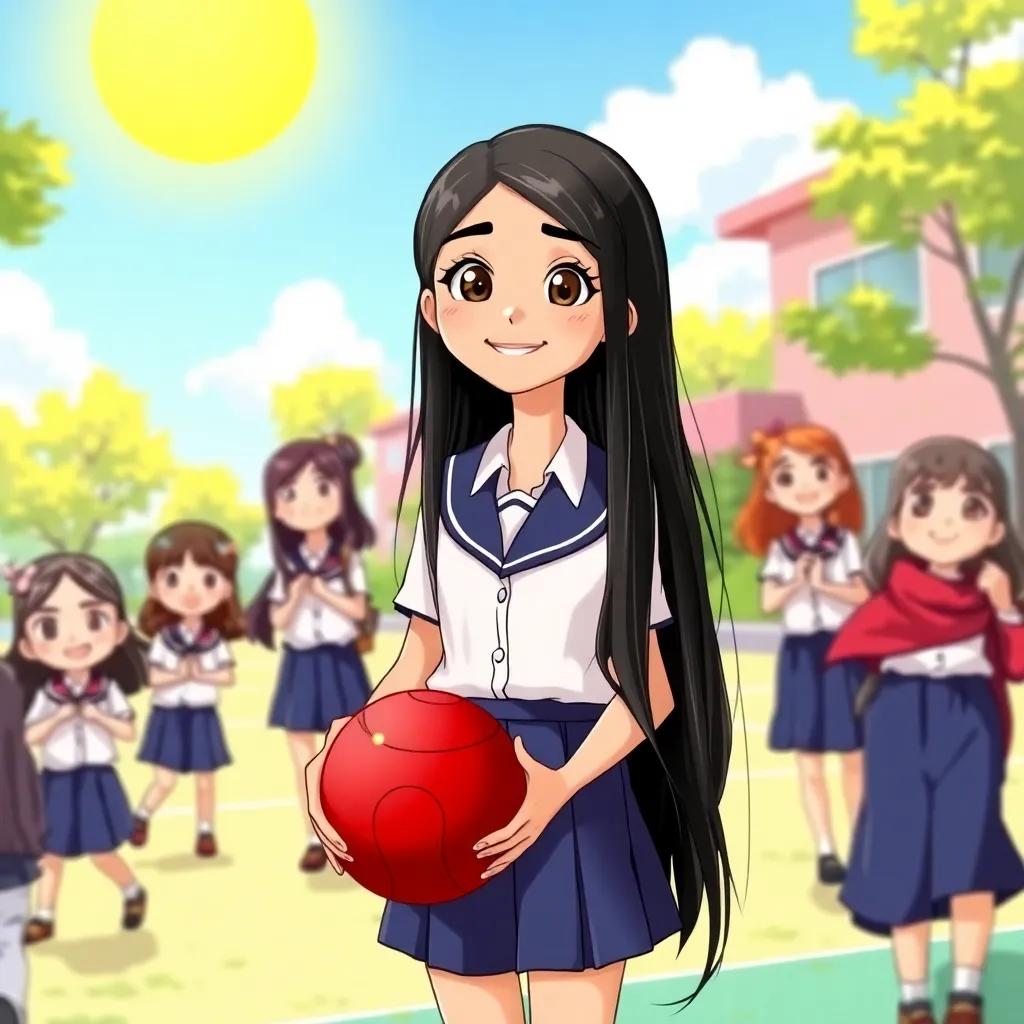 A beautiful Arab girl, Layan, with long black hair wearing a school uniform, standing in the school playground with a red ball, surrounded by other girls playing, smiling faces, bright sunny day, cheerful illustration, joyful atmosphere, high quality