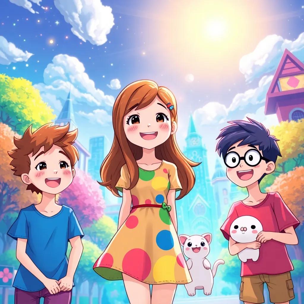 A magical city with bright trees and sparkling colors, a cheerful girl named Leida with long brown hair wearing a colorful dress, her friends Lino, a boy with curly hair wearing a blue shirt, Osu, a boy with glasses in a red t-shirt, and Buno, a small fluffy creature, all smiling and excited under the sun, illustration, vibrant colors, joyful atmosphere, high quality