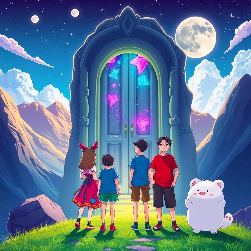 A big magical door on a mountain, with Leida, Lino, Osu, and Buno standing in front looking amazed, Leida in a colorful dress, Lino in a blue shirt, Osu in a red t-shirt with glasses, Buno looking fluffy and cute, digital art, bright colors, enchanting scenery, high quality