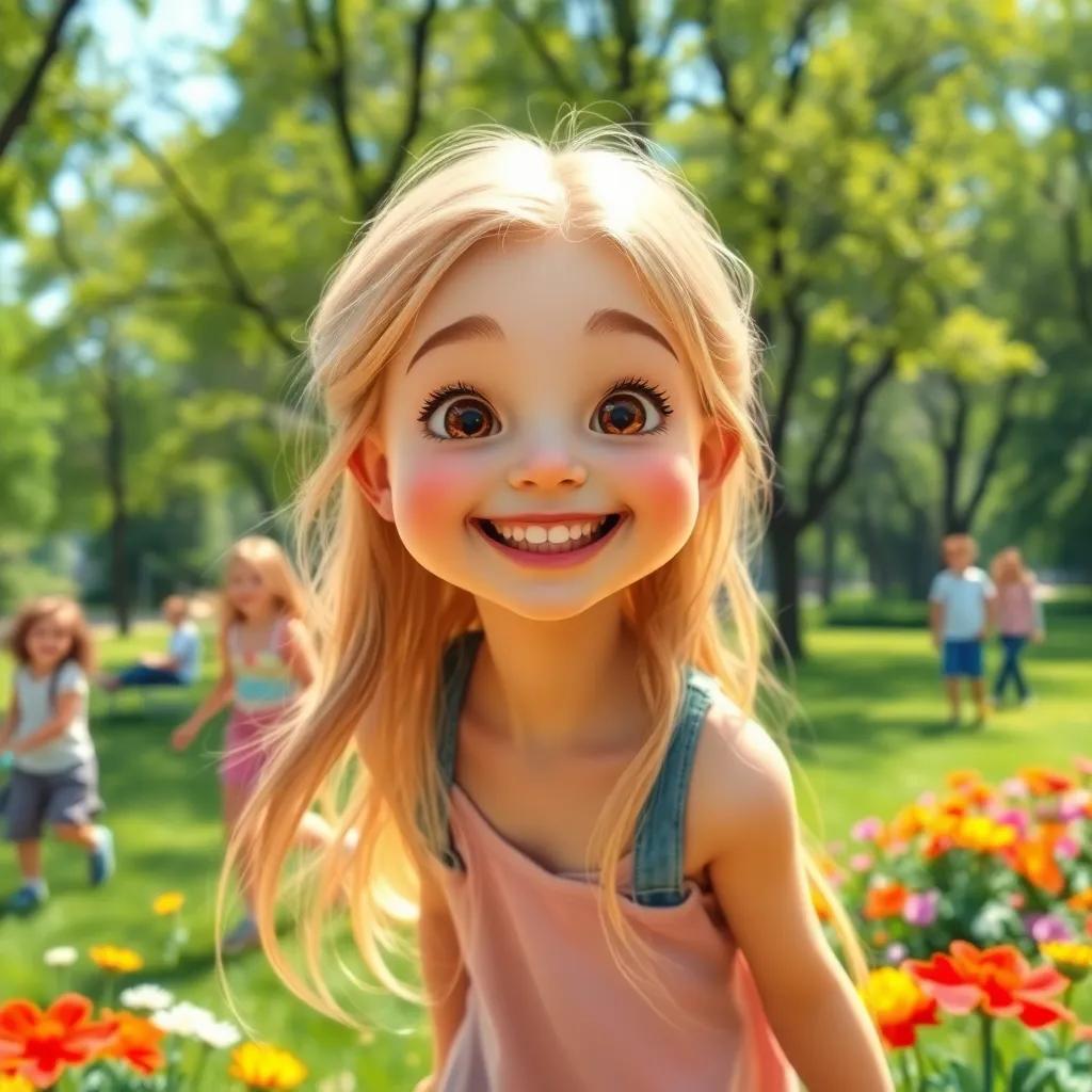 A cheerful girl, Leila, with long blonde hair and a big smile, playing with her friends in a sunny park, surrounded by green trees and colorful flowers, lively atmosphere, digital art, vibrant colors, joyful scene, high quality