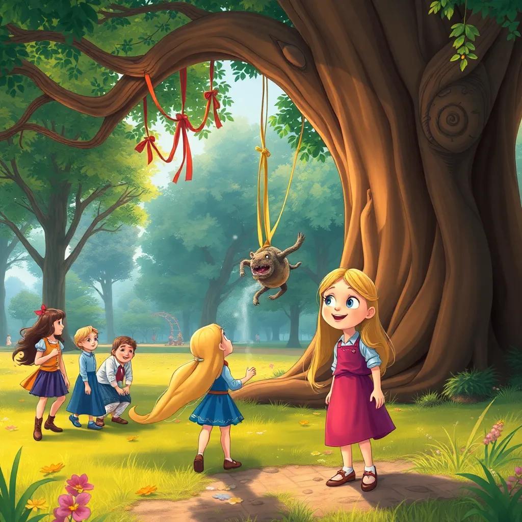 Leila, a cheerful girl with long blonde hair and a big smile, curiously approaching a large tree in the park with her friends, discovering a mysterious creature trapped in colorful ribbons, hopeful and brave, illustration, magical vibe, child-friendly
