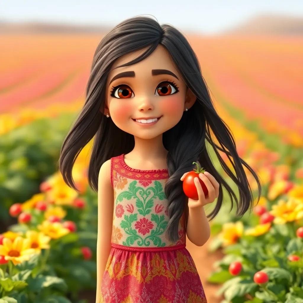 A young Arab girl, Leila, with long, dark hair, wearing a colorful dress, standing in a vibrant vegetable field, smiling with a small tomato in her hand, bright sunlight, cheerful atmosphere, hyper-realistic, detailed, child-friendly