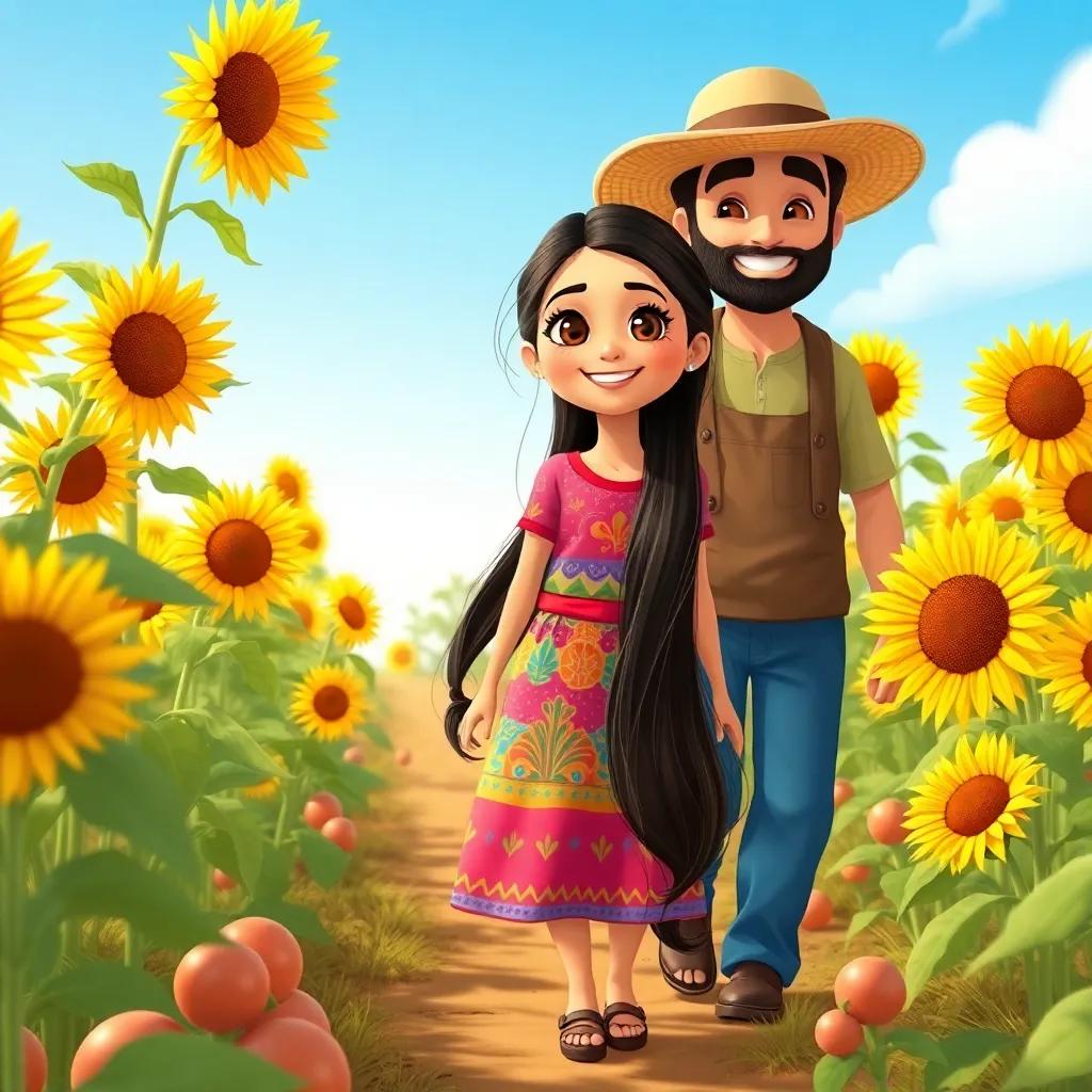 A young Arab girl, Leila, with long, dark hair, wearing a colorful dress, wandering happily with a farmer among sunflowers and vegetables, bright blue sky, warm light, illustration, lively, educational, child-friendly