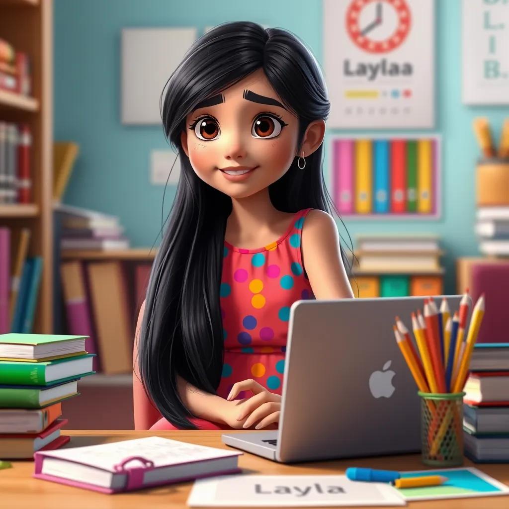 A young girl, Layla, with long, black hair, wearing a colorful dress, sitting at a desk with a laptop, surrounded by books and colorful school supplies, digital art, vibrant colors, focused and cheerful atmosphere, high quality