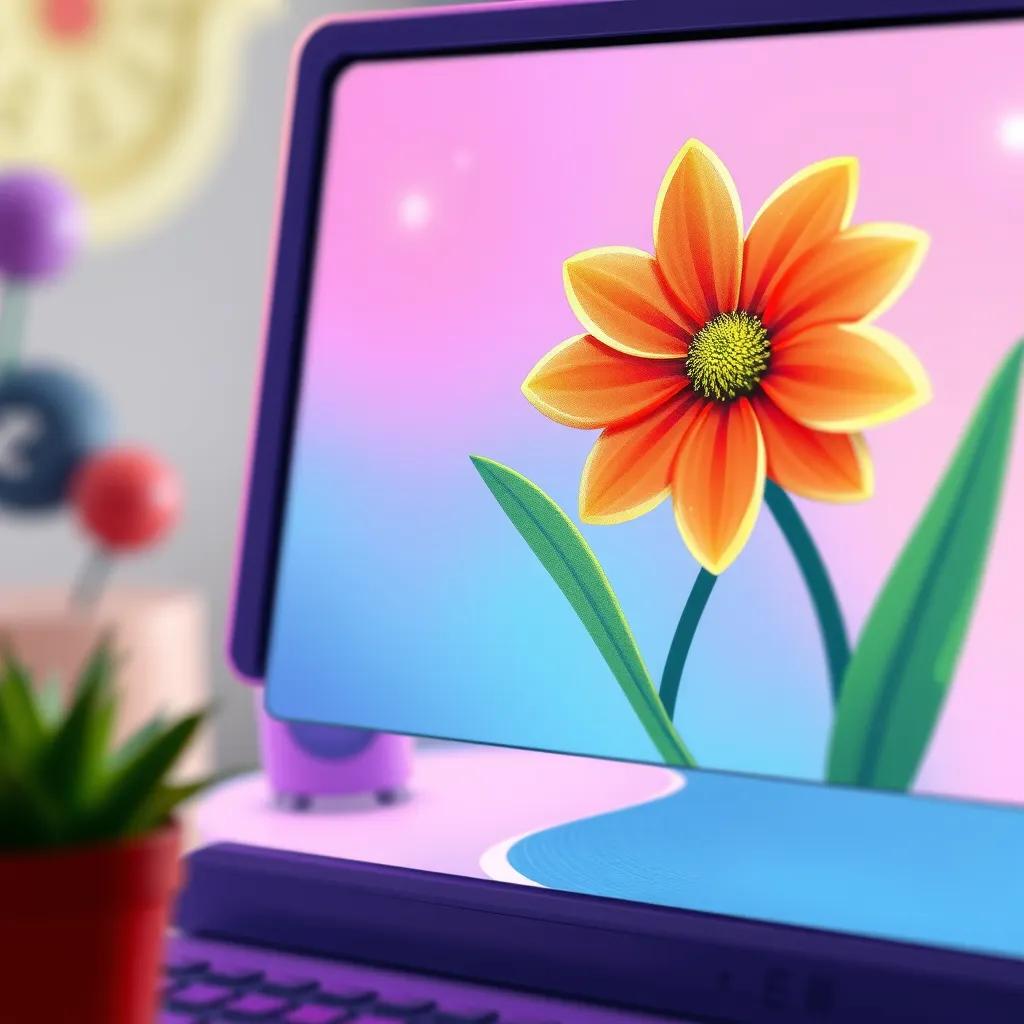 A close-up of Layla’s computer screen displaying a beautiful flower image added to her story, vibrant colors, engaging visuals, detailed pixel art, fun and delightful mood, high quality