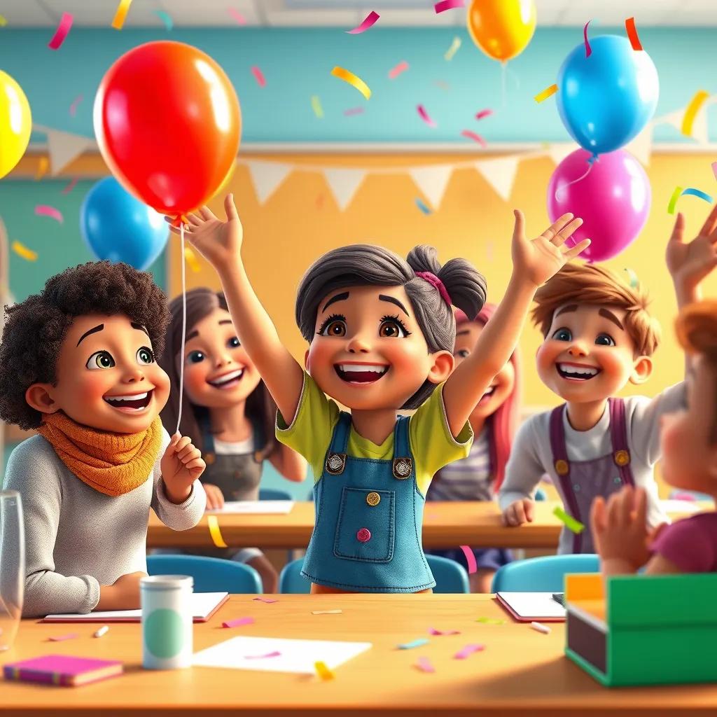 Layla celebrating with her friends after completing their projects, balloons and confetti in a classroom, bright and festive colors, digital art, happy laughter, warm and joyful atmosphere, high quality
