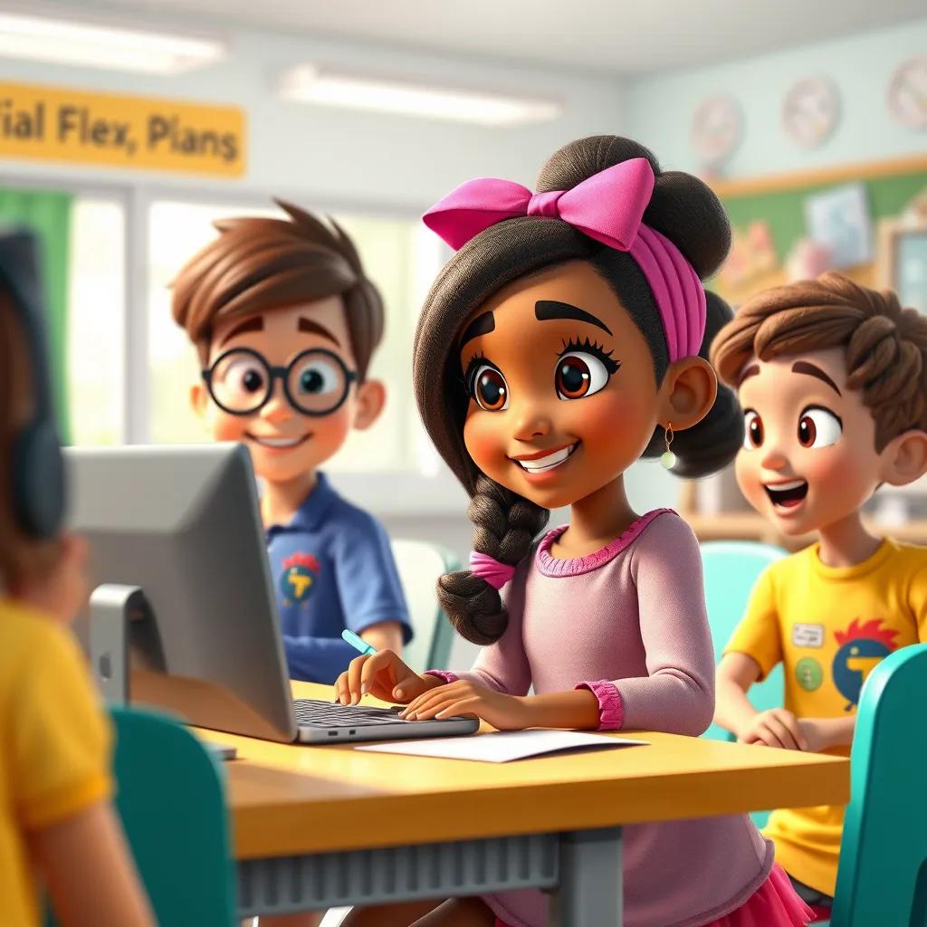 Layla sharing her knowledge with friends in a fun learning session with computers, animated atmosphere, bright classroom, teamwork spirit, digital art, uplifting and colorful