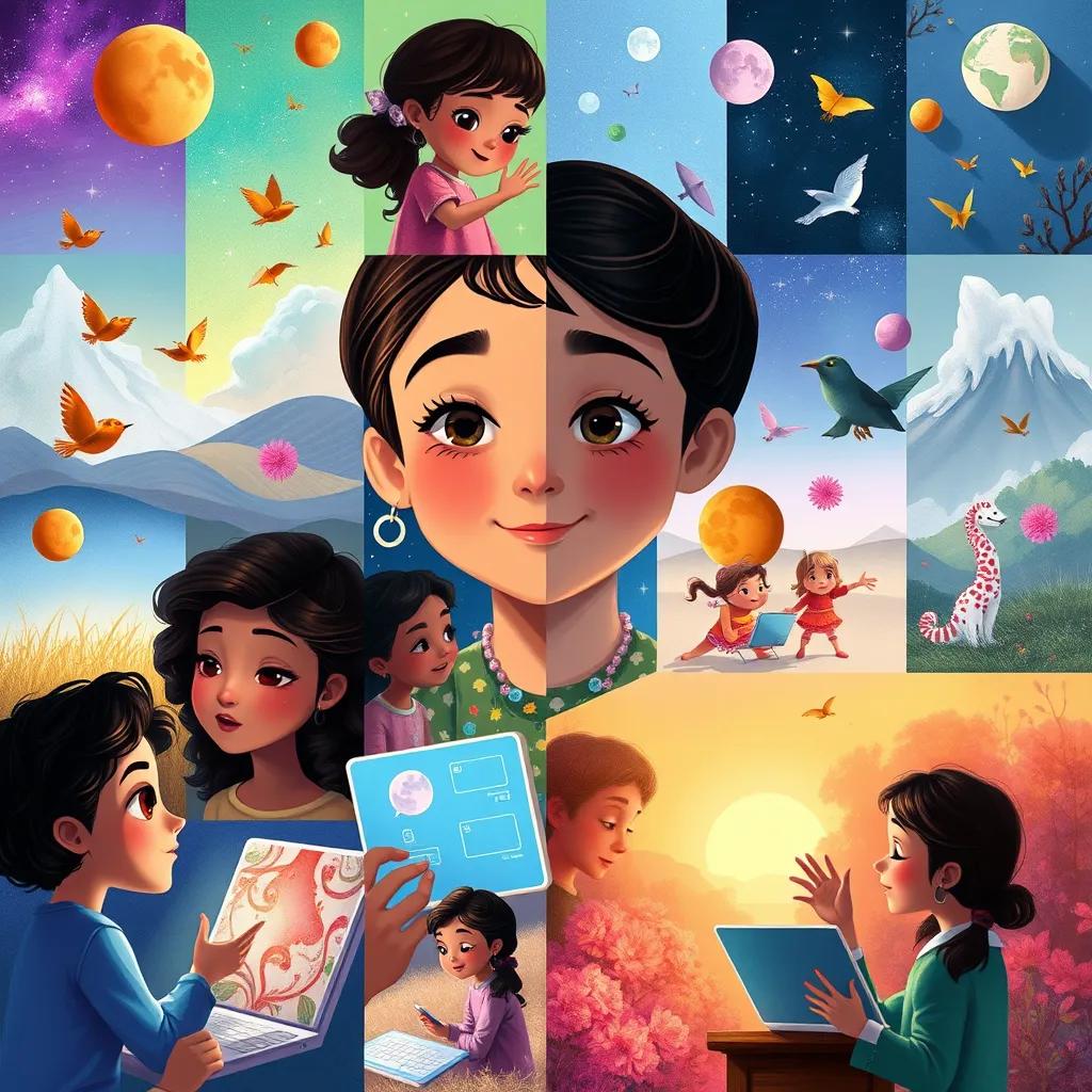 A montage of Layla's beautiful stories with images and shapes, colorful illustrations, depicting her growth and creativity in technology, engaging session, digital collage, high quality
