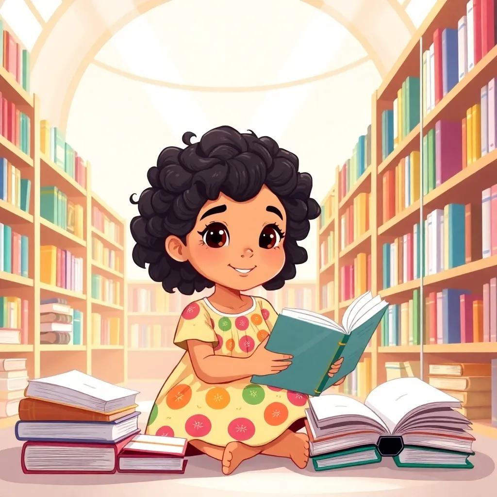 A young Arab girl, Leila, with curly dark hair, wearing a colorful dress, sitting in a sunny library filled with books, exploring and happy, digital art, bright and cheerful atmosphere, high quality
