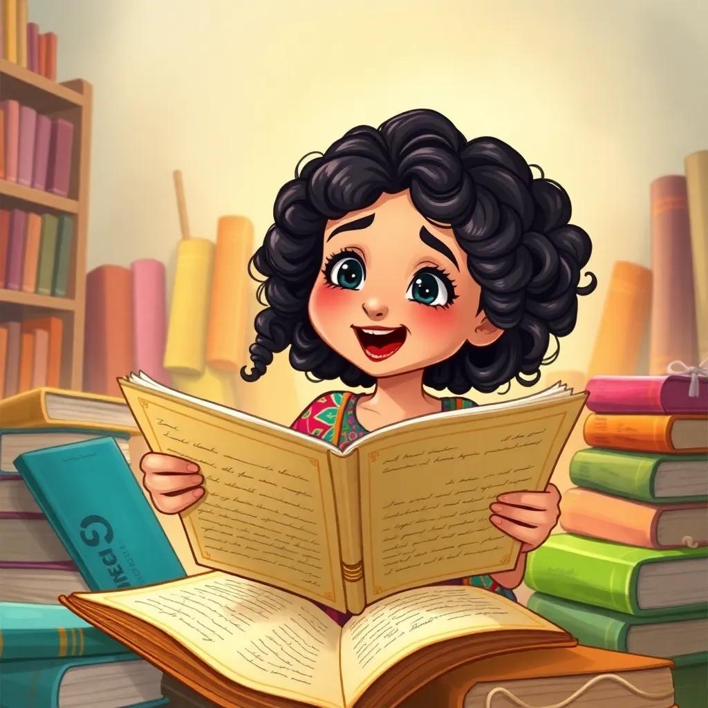 Leila, a young Arab girl, with curly dark hair, wearing a colorful dress, excitedly reading an old document, surrounded by colorful books, detailed illustration, warm light, inviting environment, high quality