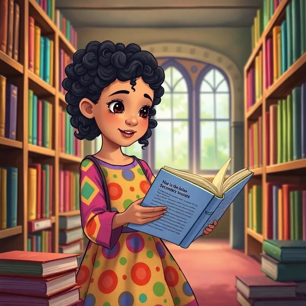 Leila, a young Arab girl, with curly dark hair, wearing a colorful dress, discovering a book about secondary sources in a cozy library, colorful and vibrant, storytelling view, high quality
