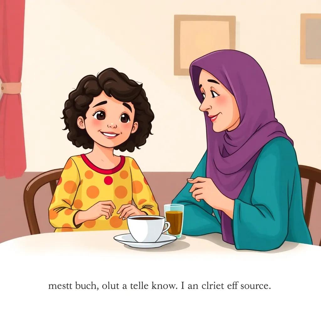 A young Arab girl, Leila, with curly dark hair, wearing a colorful dress, sitting at a table with her aunt enjoying coffee and discussing knowledge sources, soft lighting, cheerful and warm, high quality