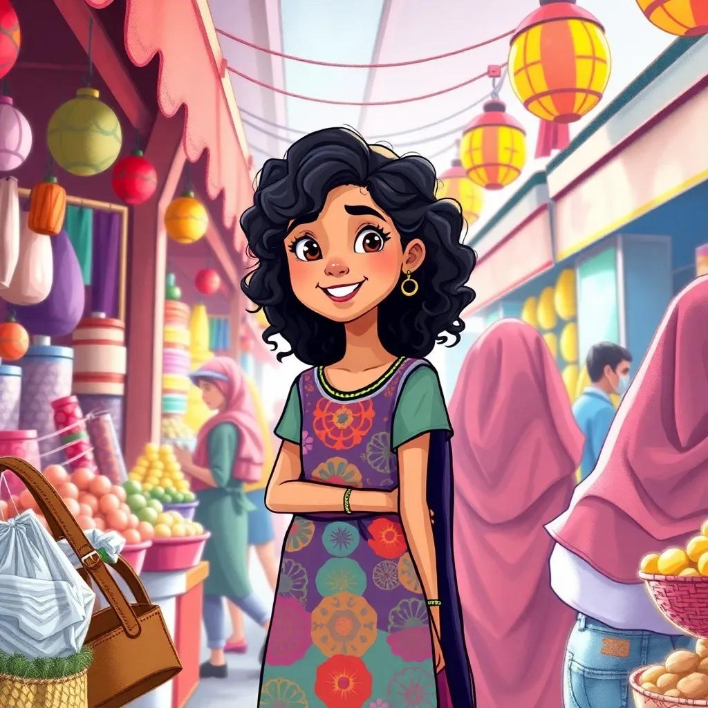 Leila, a young Arab girl, with curly dark hair, wearing a colorful dress, at a busy market talking with her friends, surrounded by colorful stalls, happy and lively atmosphere, high quality
