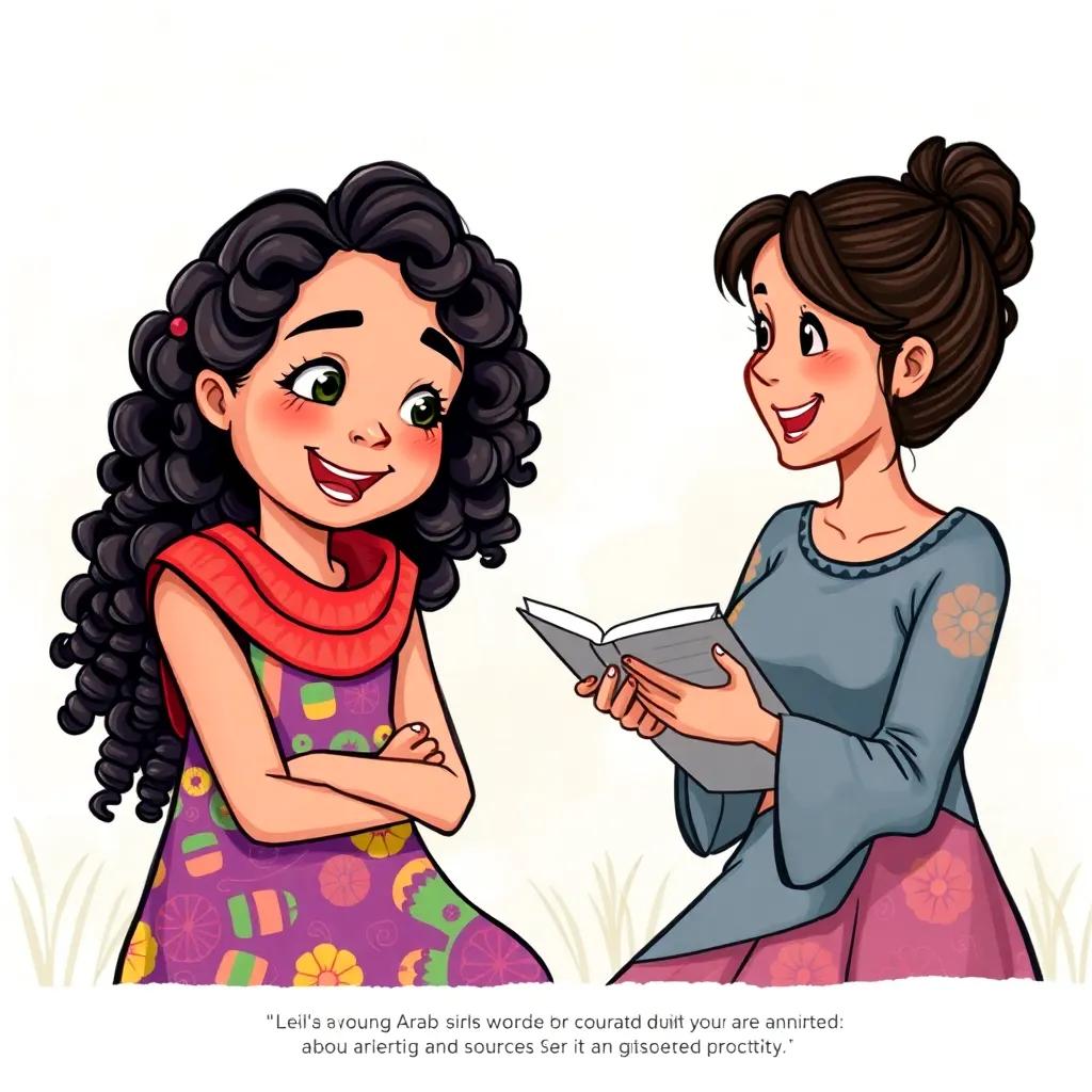Leila, a young Arab girl, with curly dark hair, wearing a colorful dress, listening to her friend Sarah talking animatedly about primary sources, vibrant background, detailed illustration, joyful scene, high quality