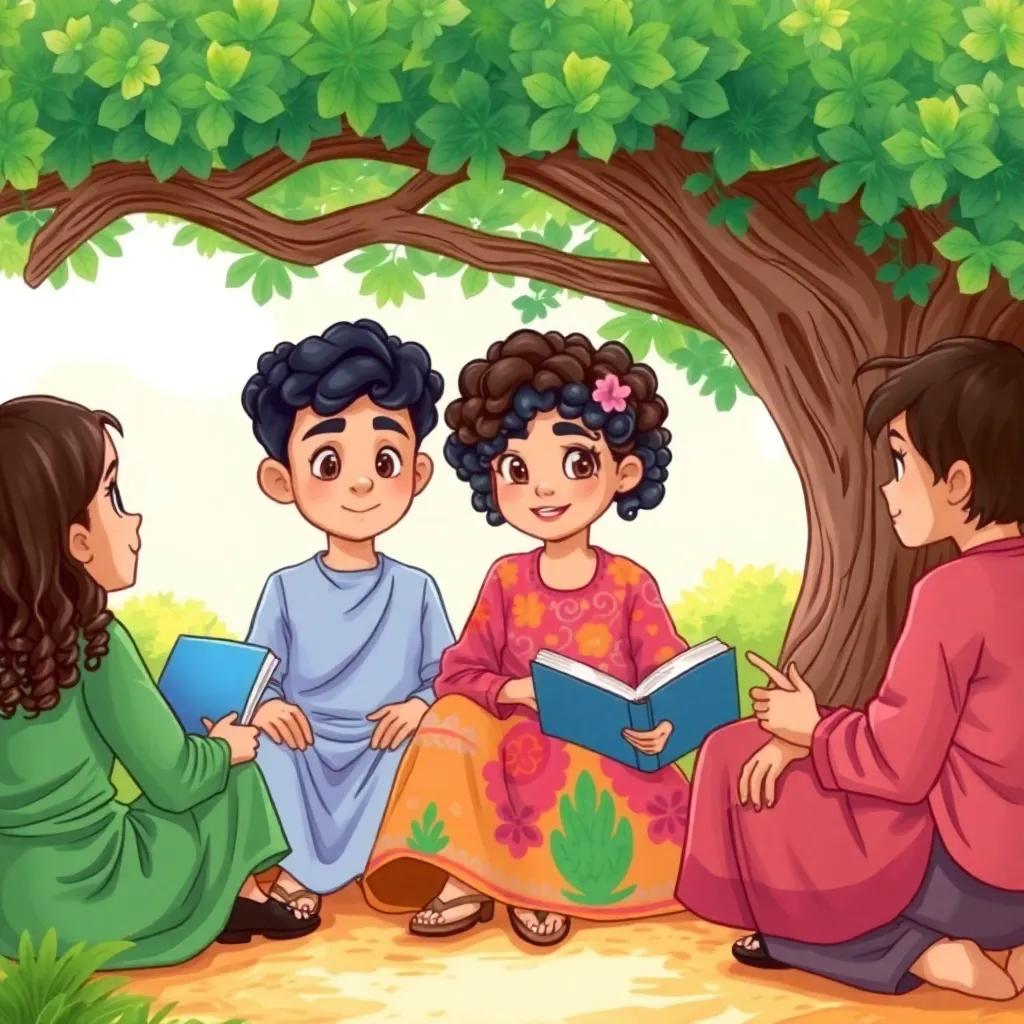 A young Arab girl, Leila, with curly dark hair, wearing a colorful dress, sitting under a tree with her friends discussing knowledge, sunny day, friendly atmosphere, high quality