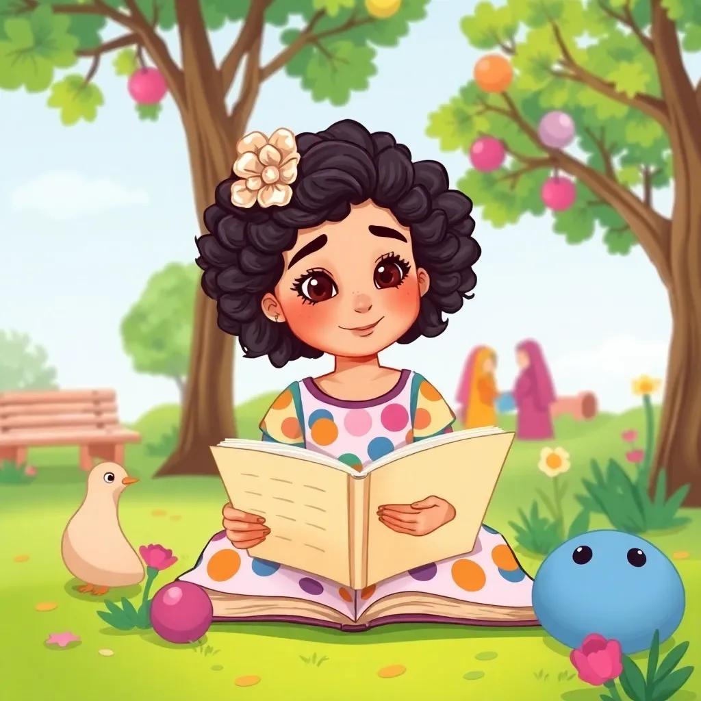 Leila, a young Arab girl, with curly dark hair, wearing a colorful dress, writing a story about sources with her friends in a park, creative environment, colorful and cheerful, high quality