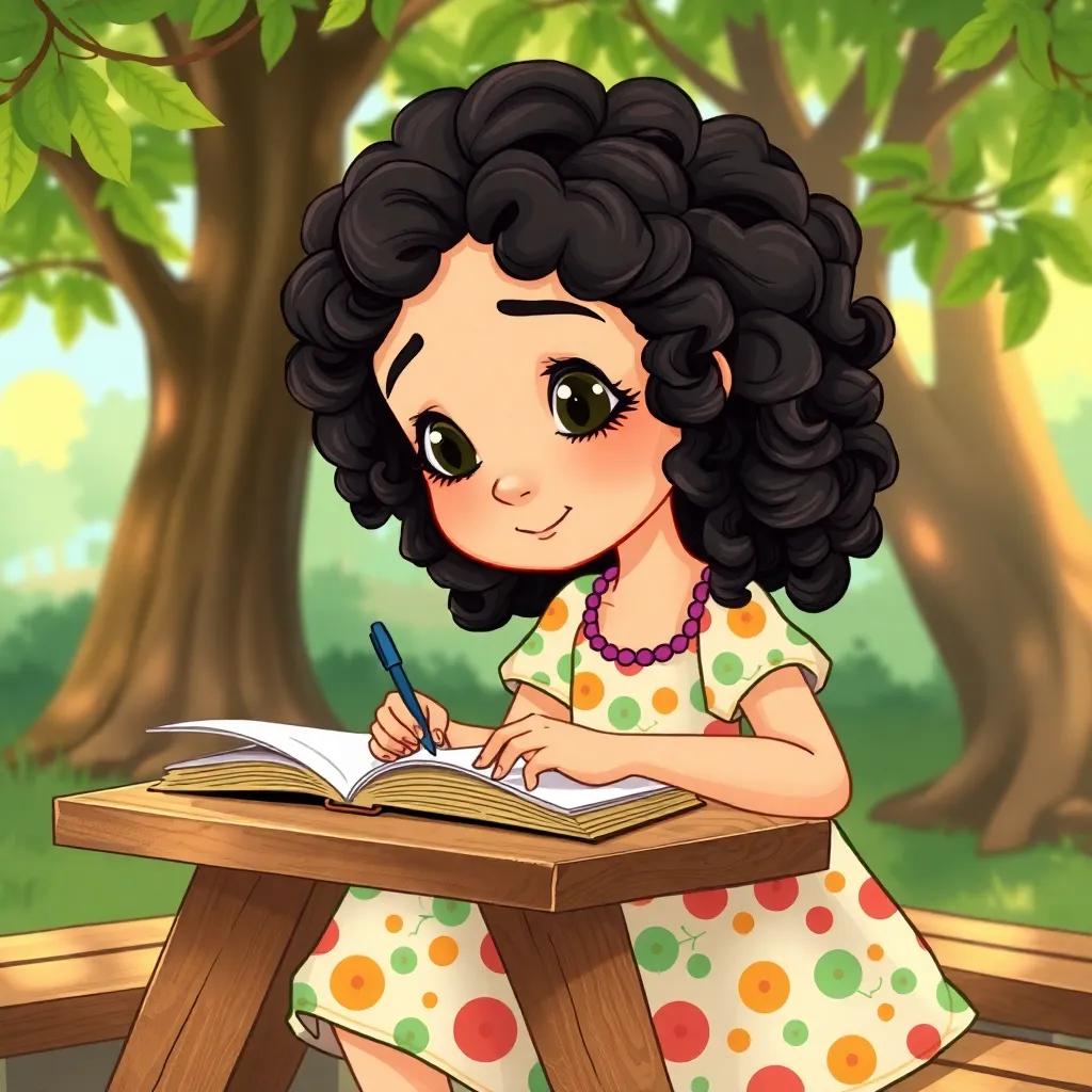 A young Arab girl, Leila, with curly dark hair, wearing a colorful dress, sitting at a picnic table drafting a story about sources, surrounded by nature, warm and inviting light, high quality