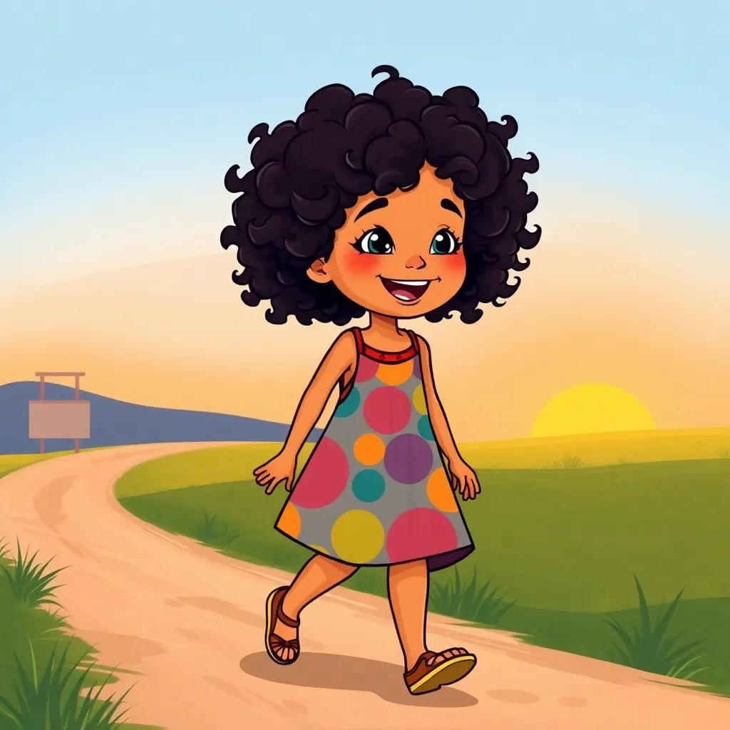 Leila, a young Arab girl, with curly dark hair, wearing a colorful dress, walking happily back home from her adventures, sunset background, joyful expression, high quality
