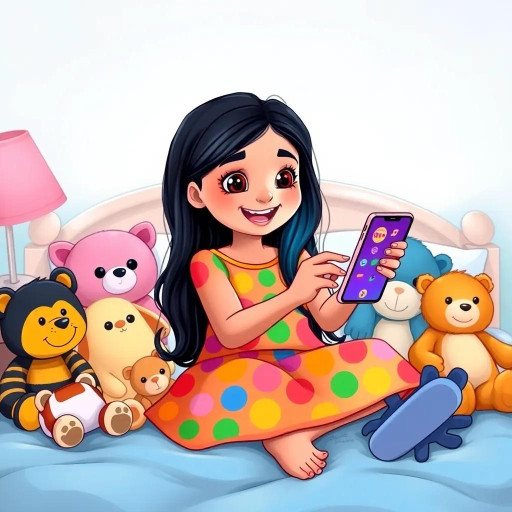 A young Arab girl, Leila, with long black hair, wearing a colorful dress, sitting on a bed surrounded by stuffed animals, excitedly holding a smartphone with bright colors on the screen, engaging with the game and smiling, digital art, cheerful colors, inviting atmosphere, high quality