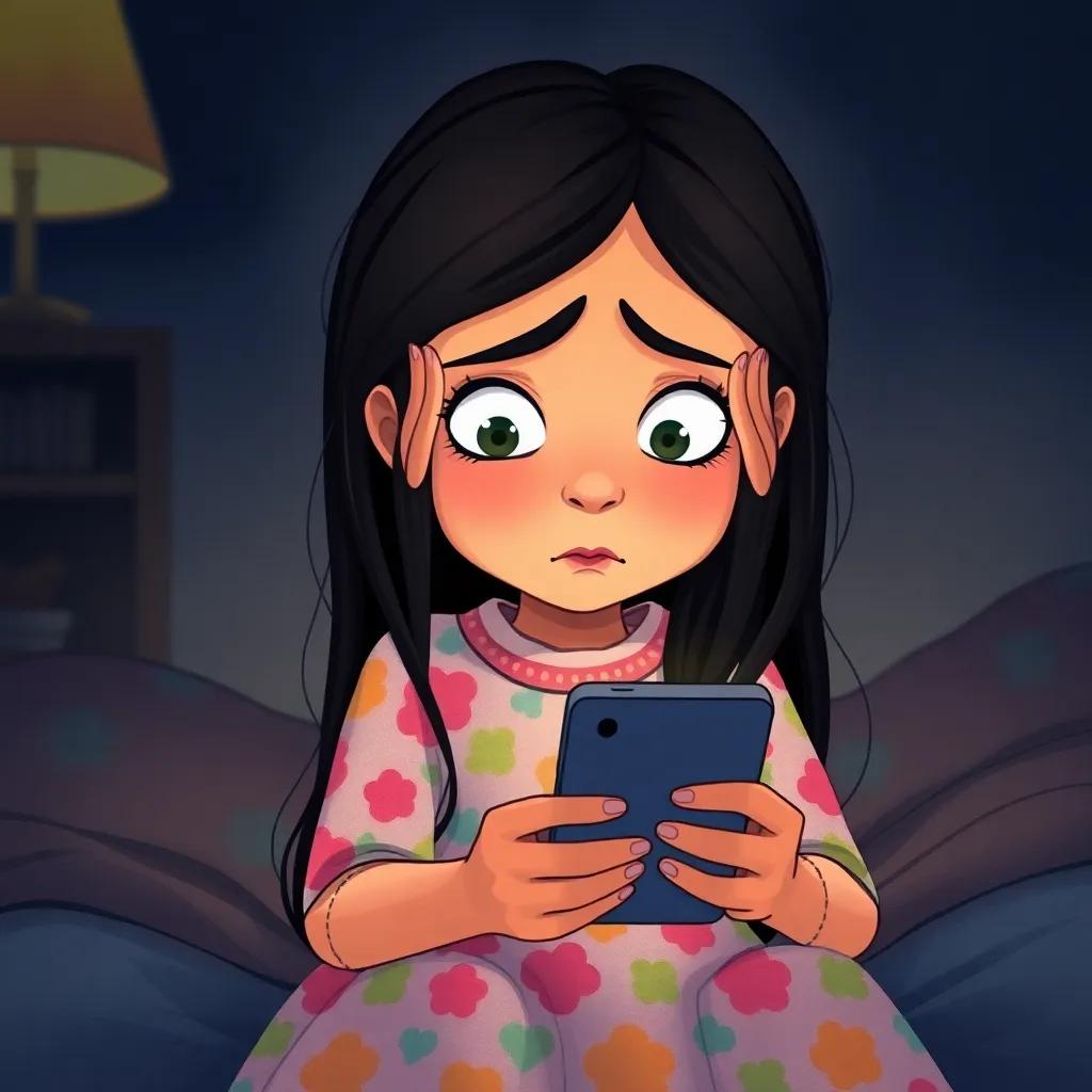 Leila, a young Arab girl with long black hair in a colorful dress, looking confused and holding her eyes while staring at her phone, with a blurry vision and worried expression, sitting in a dimly lit room, illustration, dramatic lighting, emotional focus, child-friendly