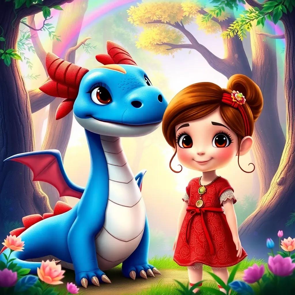 A young girl, Leila, with chestnut hair and a red band, standing next to a smiling blue dragon in a magical forest with a rainbow, digital art, enchanting colors, bright and cheerful atmosphere, high quality