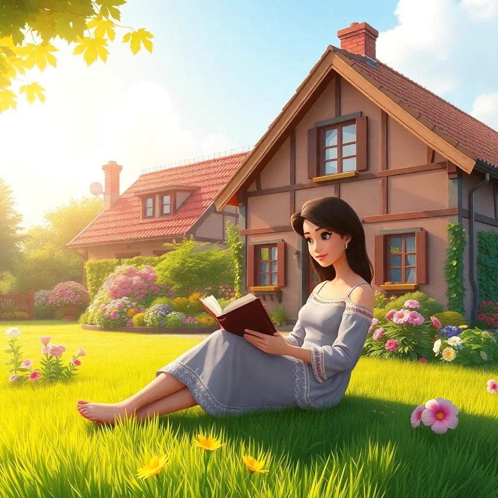 A lovely countryside home with a flower garden, Leila sitting on the grass reading a book, soft sunlight reflecting on her, illustration, warm and inviting, picturesque scene, high quality