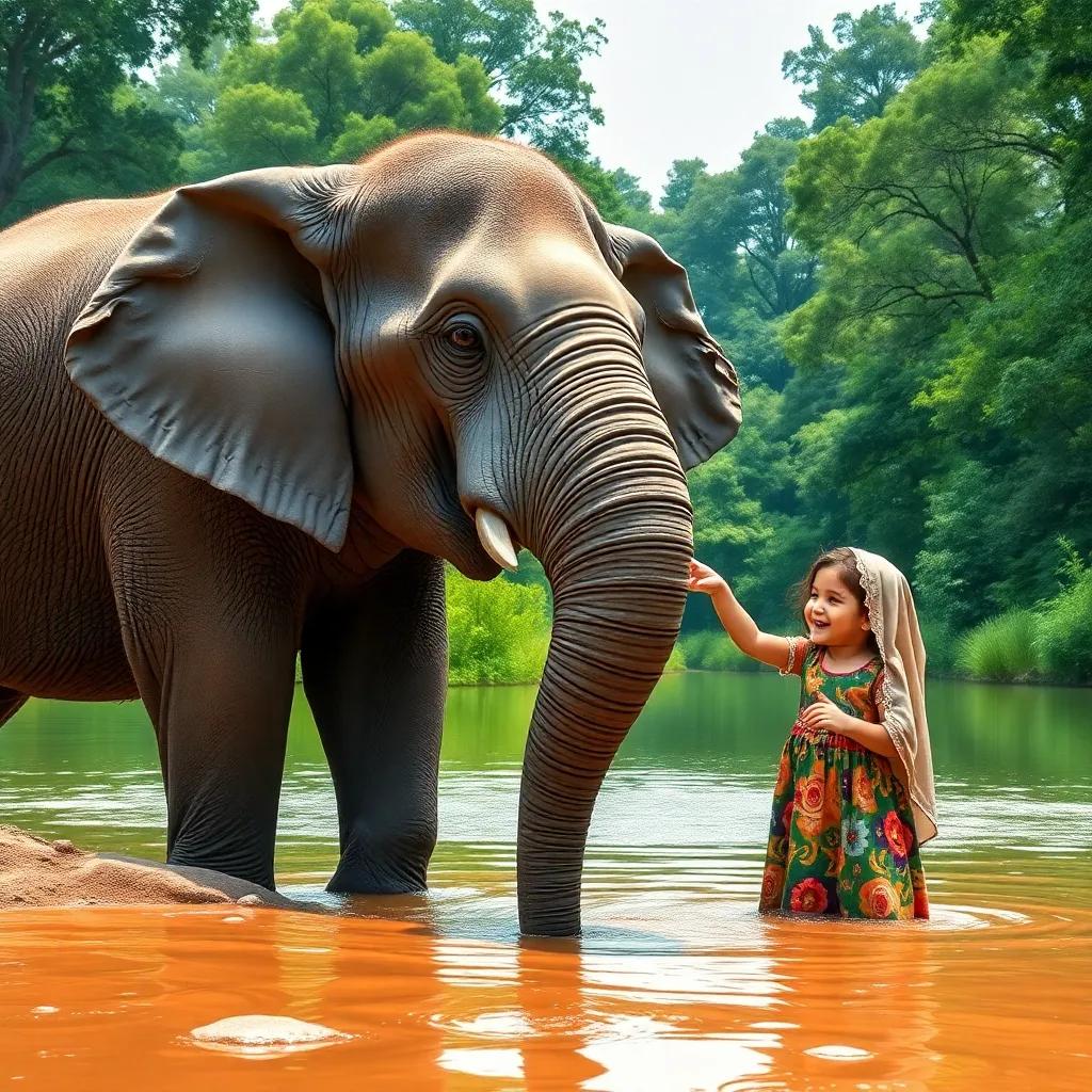 A friendly elephant, big and gentle, with big ears and a playful smile, playing with Leila, a young Arab girl in a colorful dress, by a sparkling water pond in a lush green forest, cheerful, interactive, child-friendly