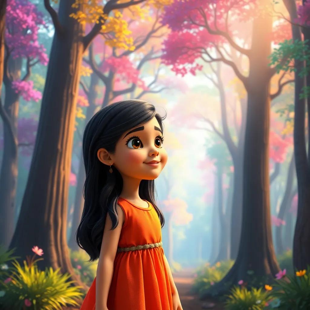 A young Arab girl, Leila, with long black hair, wearing a bright dress, exploring a vibrant magical forest with tall colorful trees, cheerful atmosphere, digital art, bright colors, inviting light, high quality