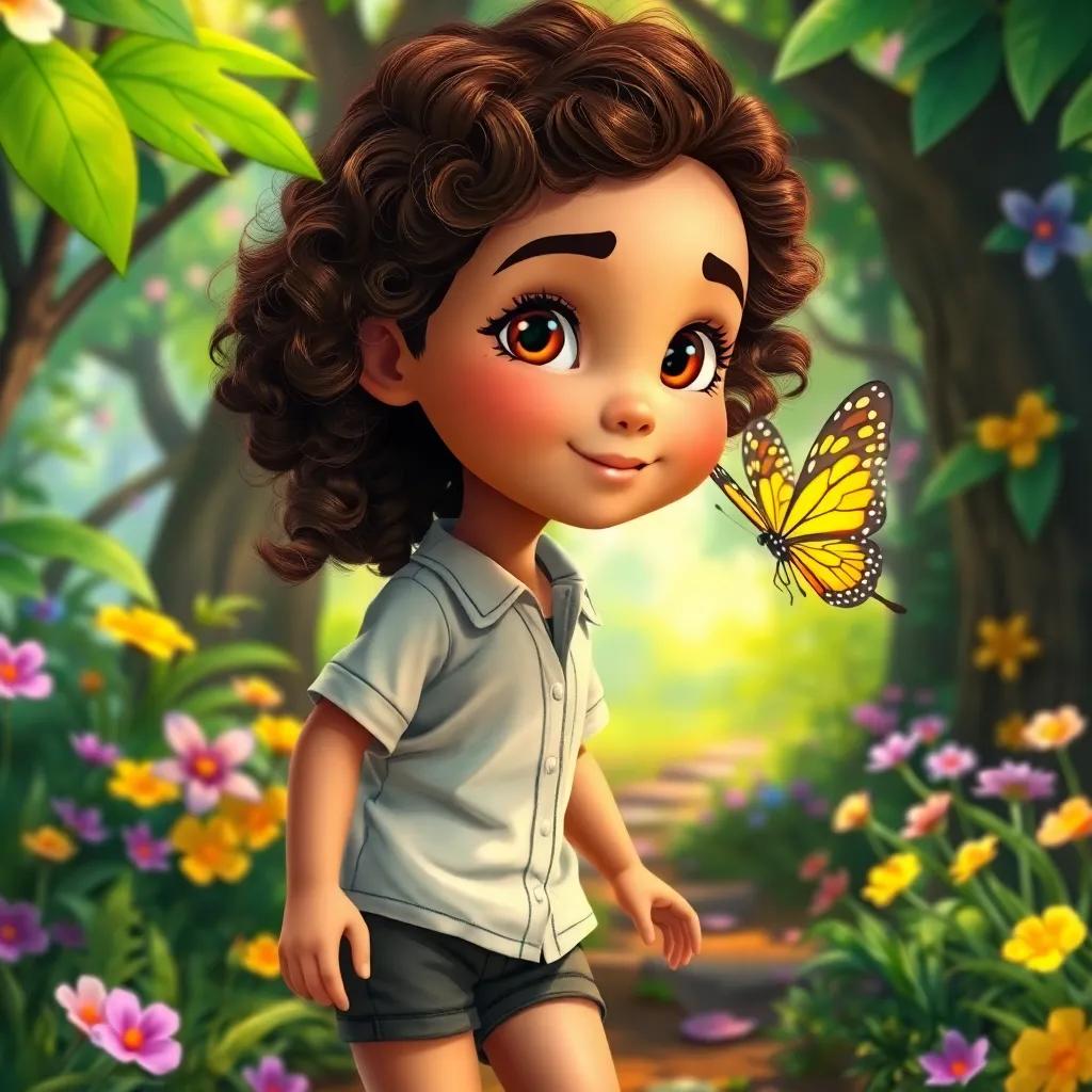 A young Arab girl, Ria, with curly brown hair, wearing a cute shirt and shorts, following a beautiful butterfly through a colorful magical forest, whimsical scene, bright and vibrant, engaging imagery, high quality