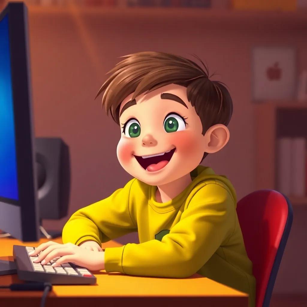 A boy sitting in front of a computer, with excitement on his face, digital art, bright colors, warm atmosphere, high quality