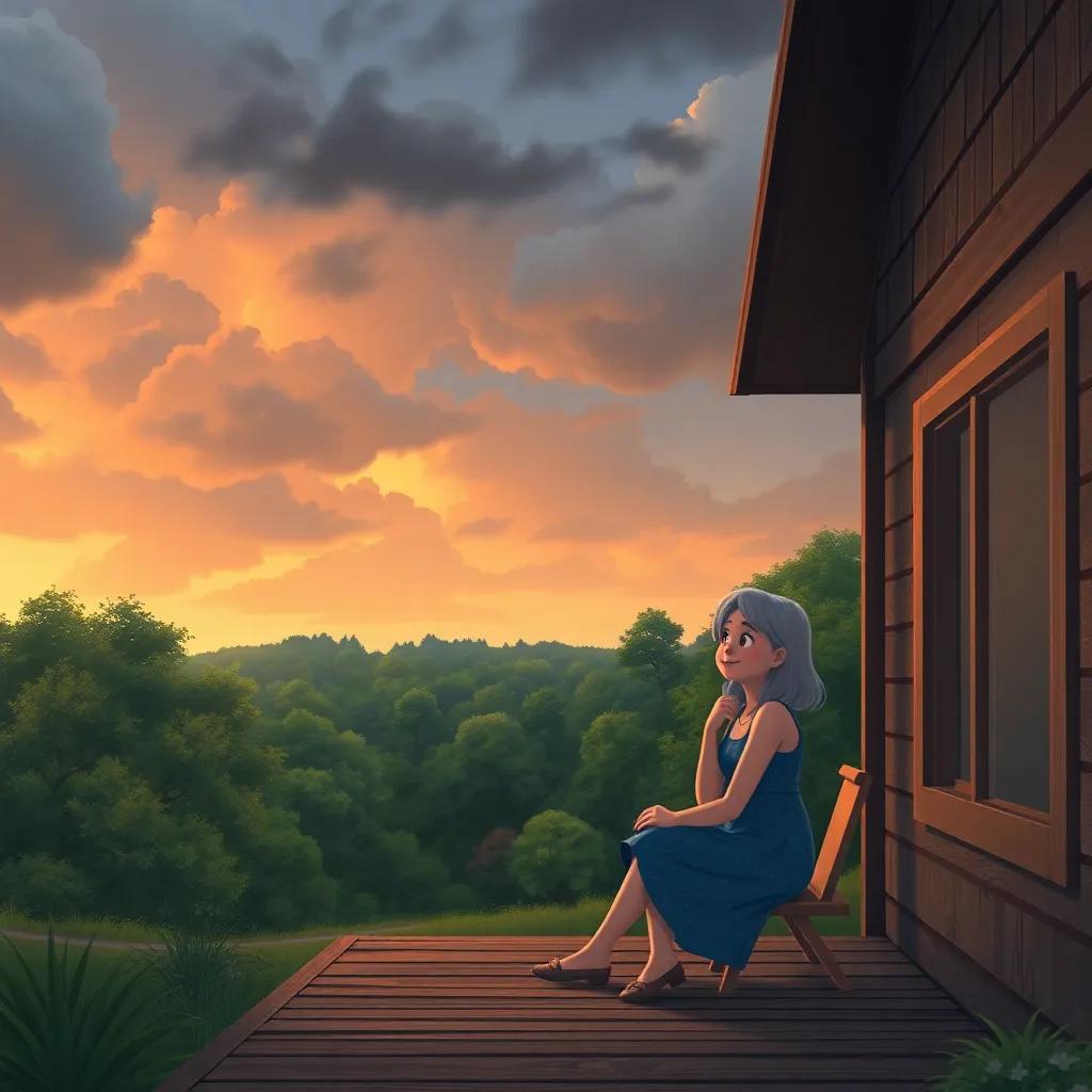 A warm summer night with gray clouds covering the sky, Linda sitting on her wooden porch, looking curiously at the dense forest in the distance, depicting a cozy village atmosphere, soft lighting, pastel colors, inviting feel, high quality