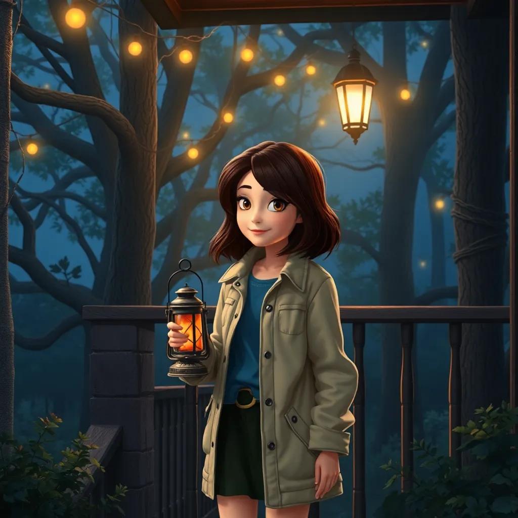 Linda with dark brown hair on her porch, wearing a light cotton jacket, holding an old lamp, surrounded by thick trees with a mysterious glow, digital art, enchanting setting, mysterious feel, detailed