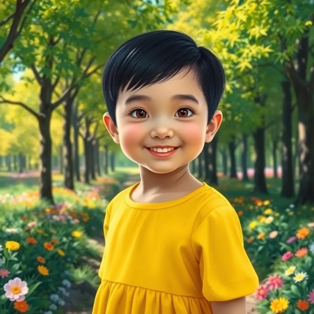 A young Arabic girl, Lin, with short black hair, wearing a bright yellow dress, exploring a sunny forest with bright green trees and colorful flowers, digital art, cheerful atmosphere, vibrant colors, playful perspective, high quality