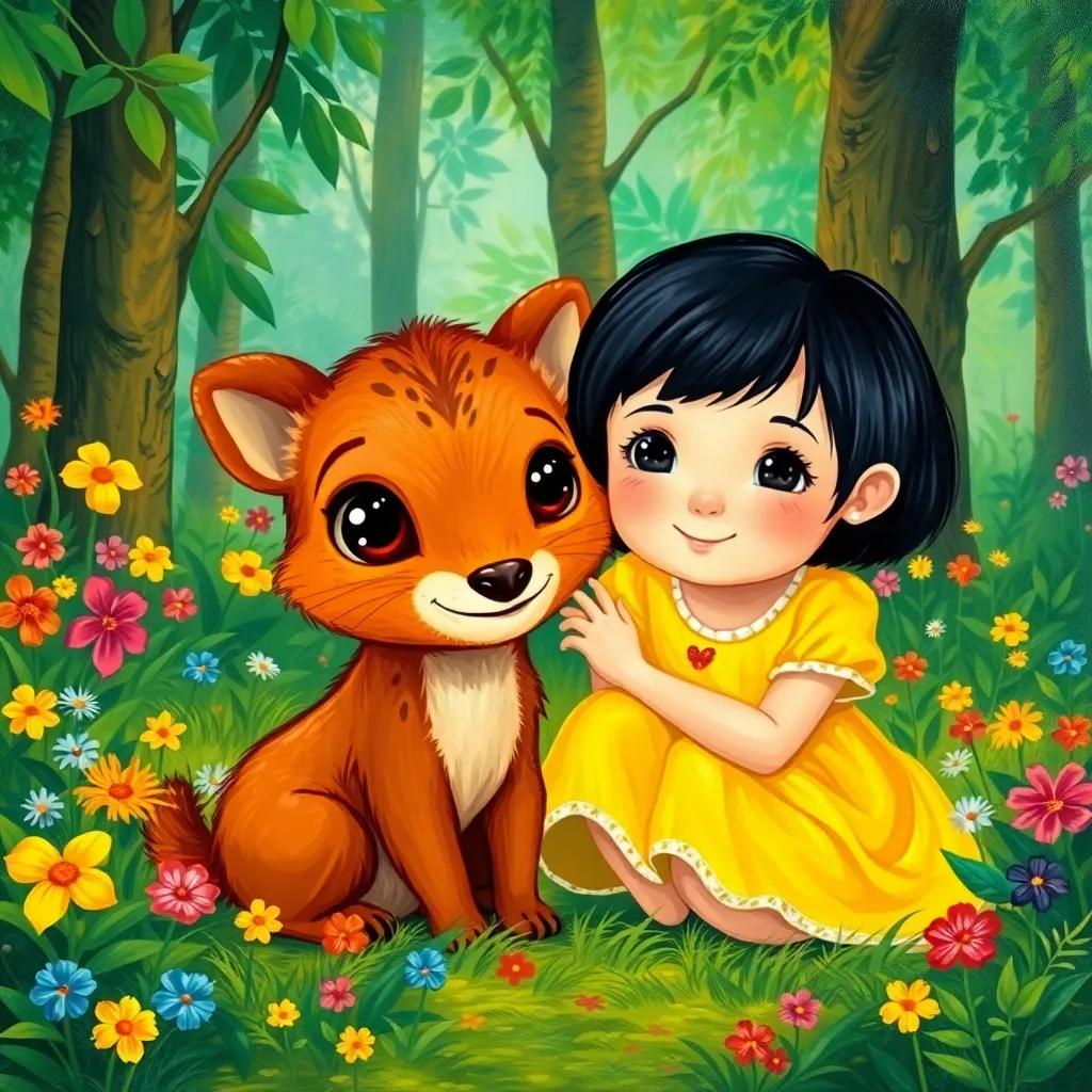 A small brown animal with big eyes, Lin, a young Arabic girl with short black hair in a bright yellow dress, kneeling beside it in a lush green forest, colorful flowers around, illustration, friendly and warm, child-friendly, engaging perspective