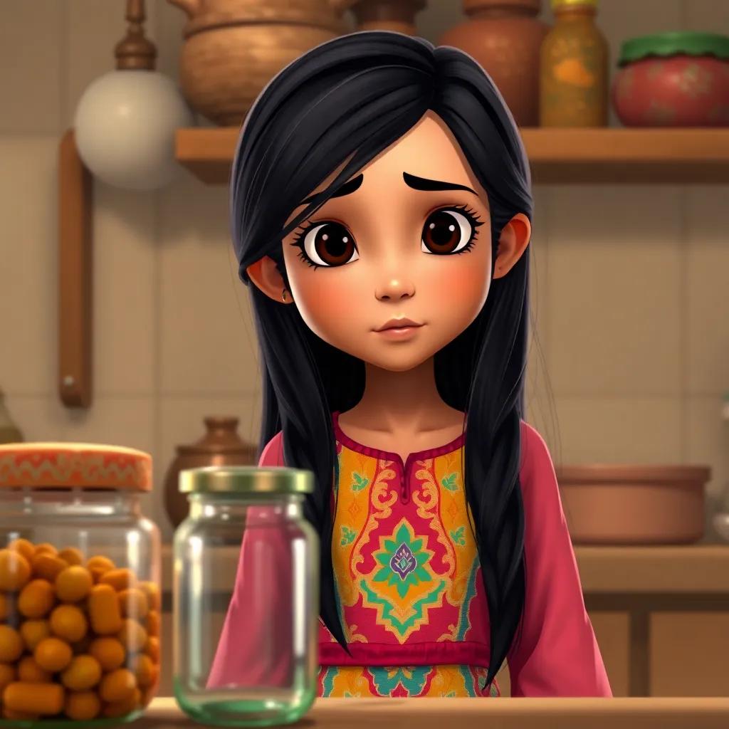 A young Arab girl, Lin, with long, dark hair, wearing a colorful dress, standing in a kitchen, looking intently at two jars, digital art, warm colors, inviting atmosphere, high quality
