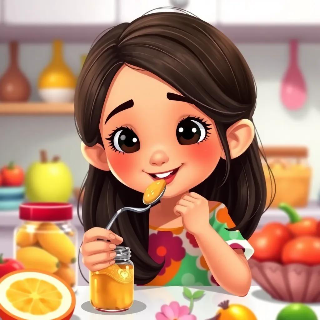 A young Arab girl, Lin, with long, dark hair, wearing a colorful dress, tasting a spoonful from a jar, a cheerful expression, surrounded by bright kitchen items, illustration, playful, vibrant colors, engaging perspective, high quality