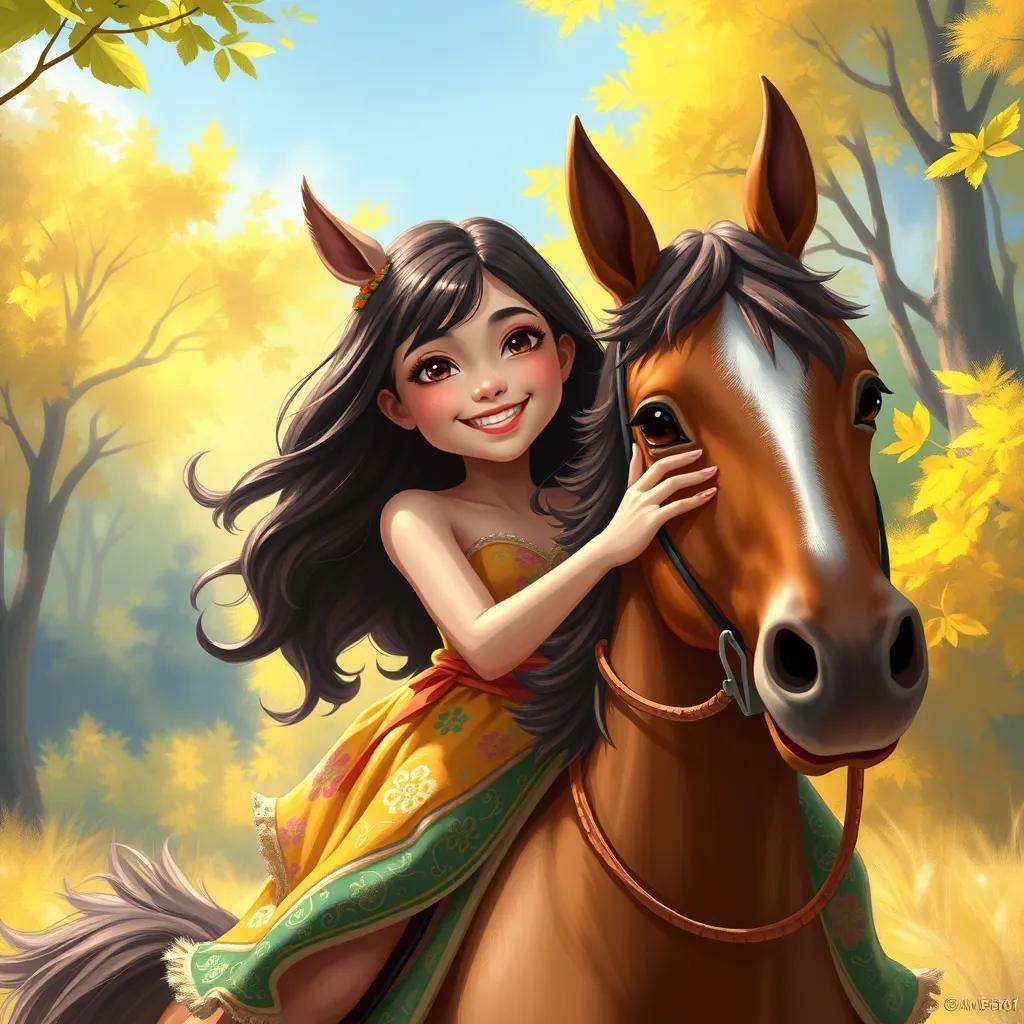 A smiling girl, لين, with long, dark hair, wearing a colorful dress, riding a lively brown horse, في a sunny forest, digital art, bright colors, joyful atmosphere, high quality