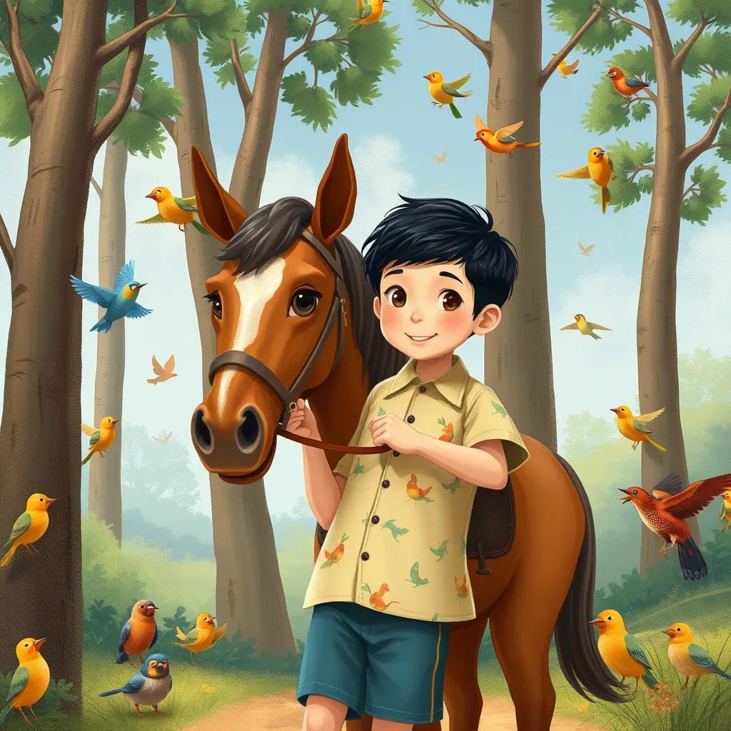 A boy, خالد, with short black hair, wearing a playful shirt, guiding a brown horse, surrounded by tall trees and colorful birds, illustration, cheerful, vibrant scene, child-friendly
