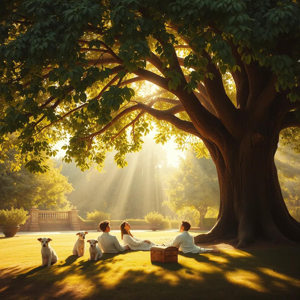 A bright scene under a large green tree, where لين and خالد are resting with شيهانه by their side, sun rays shining through the leaves, warm light, inviting ambiance, high quality