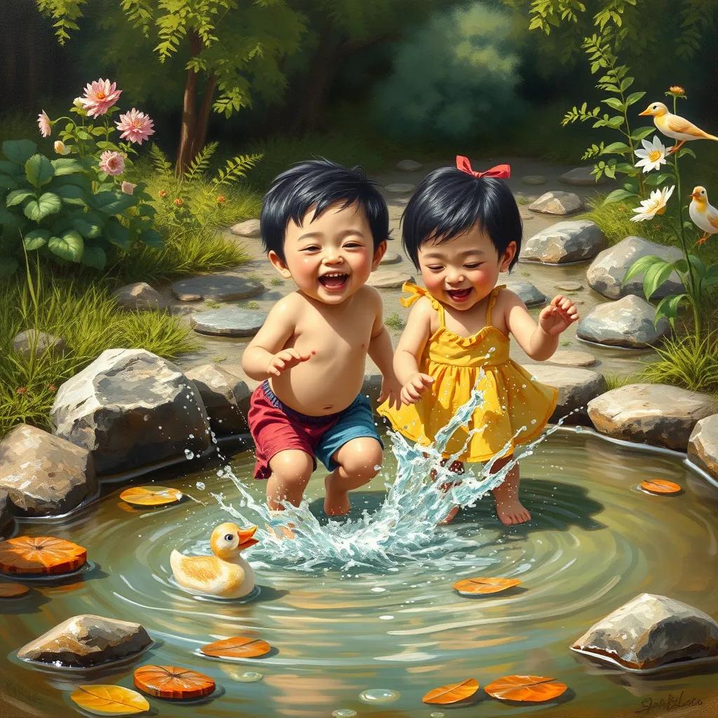 A joyful scene of لين and خالد playing in a small clear pond, splashing water with شيهانه nearby, surrounded by nature, colorful, lively, family-friendly atmosphere
